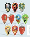 Free time activities map pins set