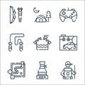 free time line icons. linear set. quality vector line set such as hiking, coffee machine, board game, plastic, knitting, skipping