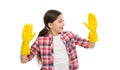 Free time is priceless. Uncompromising quality and service. Housekeeping duties. Cleaning supplies. Girl rubber gloves Royalty Free Stock Photo