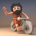 Free wheeling caveman with animal pelt and beard riding on his stone age bike, 3d illustration