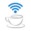 Free Wi-Fi zone icon with coffee cup and blue wireless signal outline