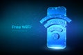 Free WiFi concept. Abstract low polygonal smartphone with wi-fi sign. Hotspot signal symbol. Mobile connection zone Royalty Free Stock Photo