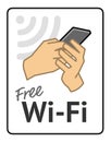 Free WiFi sign. WiFi icon. Hand holding smart phone Royalty Free Stock Photo