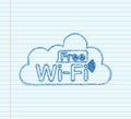 Free wifi zone blue icon. Free wifi here sign concept. sketch icon. Vector illustration.