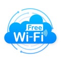 Free wifi zone blue icon. Free wifi here sign concept. Vector stock illustration. Royalty Free Stock Photo