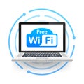 Free wifi zone blue icon. Free wifi here sign concept. Vector stock illustration. Royalty Free Stock Photo