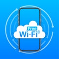 Free wifi zone blue icon. Free wifi here sign concept. Vector stock illustration. Royalty Free Stock Photo