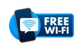 Free wifi zone blue icon. Free wifi here sign concept. Vector stock illustration. Royalty Free Stock Photo