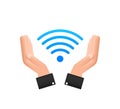Free wifi zone blue sign in hands icon. Free wifi here sign concept. Vector illustration. Royalty Free Stock Photo
