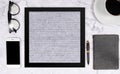 Free word on blank letter board in grey color on white marble desk background with coffee cup , notebook , pen , glasses