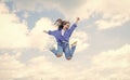 Free your imagination. kid beauty and fashion. child jump in casual style. Child jumping on background of sky. summer