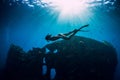 Freediver girl in pink swimwear with fins swimming underwater at wreck ship. Freediving in ocean Royalty Free Stock Photo