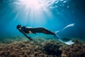 Freediver girl with white fins glides underwater with amazing sun rays and seaweed. Free diving underwater in blue sea Royalty Free Stock Photo