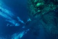 Freediver man make bubbles at underwater shipwreck, Bali Royalty Free Stock Photo