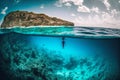 Freedivers dive into sea and do freediving near shore in tropics