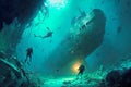 Freedivers have found sunken ship and swim around it during freediving