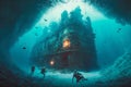 Freedivers swim around sunken ship during freediving