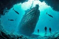 Freedivers swim around sunken ship during freediving