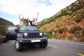 Freedom for all. a group of friends raising their arms as they enjoy themselves on the roof of their truck. Royalty Free Stock Photo