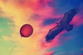 Freedom. American eagle flight in the beautiful colorful sunrise sky. Red helium balloon flies up. Royalty Free Stock Photo