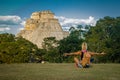 Freedom of backpacking lifestyle in Uxmal ruins in Mexico Royalty Free Stock Photo