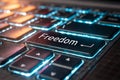 Freedom button glowing on computer keyboard, symbol of digital liberation Royalty Free Stock Photo