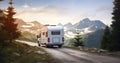 Freedom camper travel on a mountain, family camper travel transport and holiday concept