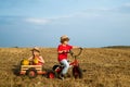 Freedom for children. Cute kids on retro bike against blue sky background on field. Kids love. Kid having fun at Royalty Free Stock Photo