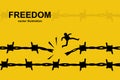 Freedom concept. Barbed wire, a man escaped from prison. Vector flat.