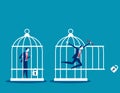 Freedom concept. Business team locked and key free himself from cage. Concept business vector illustration