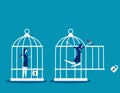 Freedom concept. Business team locked and key free himself from cage. Concept business vector illustration