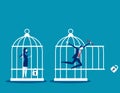 Freedom concept. Business team locked and key free himself from cage. Concept business vector illustration