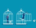 Freedom concept. Business team locked and key free himself from cage. Concept business vector illustration