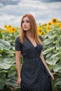 Woman in elegant vintage style wear polka dot dress Royalty Free Stock Photo