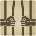 Freedom concept. hands breaking prison bars old background