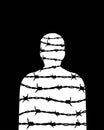 Freedom concept. Man silhouette with barbed wire. Vector prisoner