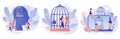 Freedom concept. Mind prison psychological. Inner prison. Tiny people step out of cage. omfort zone metaphor. Personal Royalty Free Stock Photo