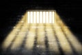 Prison inside interior with sunlight lighting through window on black brick wall grunge background.