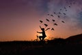 Freedom concept, Silhouette of happy person raised arms on bicycle in natural scene, Birds fly on beautiful sunrise or sunset sky