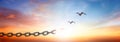 Silhouettes of broken chain and birds flying in sunset sky background Royalty Free Stock Photo