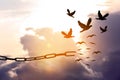 Freedom. Silhouettes of broken chain and birds flying in sky