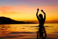 Freedom, Enjoyment. Woman In Sea At Sunset. Happiness, Healthy L Royalty Free Stock Photo