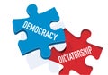 Freedom of expression concept with a puzzle piece bearing the word democracy which covers the dictatorship inscription.