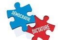 Freedom of expression concept with a puzzle piece bearing the word democracy which covers the dictatorship inscription.