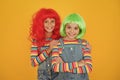 Freedom for expression. Fantasy hair trend. Sisters having fun. Semi permanent color cream. Colored clip in hair Royalty Free Stock Photo