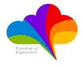 Freedom of expression vector concept shown with speech bubble in a shape of cloud and different colors of rainbow, opinion