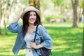 Freedom and Finding Concept: Casual cute smart Asian women walking in the park Royalty Free Stock Photo