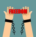 Freedom. Hands in shackles. Broken chain. Broken handcuffs. Palm Royalty Free Stock Photo