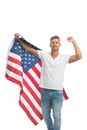 Freedom has never been free. Happy man celebrate independence day. American citizen hold american flag. Enjoying free