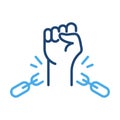 Freedom and Human Rights Line Icon. Broken Shackles with Fist Raised Up Outline Icon. Chain of Slavery Damaged. National